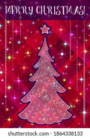 Christmas Holiday Background, Fir Tree with Snowflakes And Abstract Red Geometric Pattern with Stars. Vector