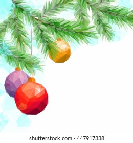 Christmas Holiday Background with Fir Tree Branches and Toy Balls, Low Poly. Vector