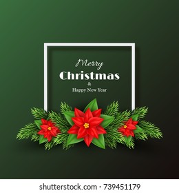 Christmas holiday background with fir-tree and poinsettia . Merry Christmas and happy new year. Vector illustration.