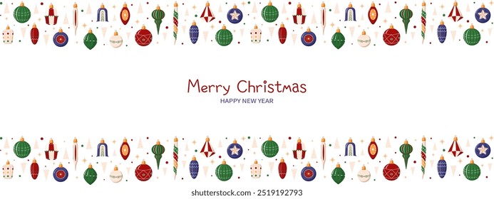 Christmas holiday background. Christmas frame with ornaments, spruce, xmas balls, gold stars for holiday season. Christmas decoration. Vector illustration for holiday headers, banners, party posters.