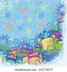 Christmas holiday background with gift boxes, snowflakes and stars. Vector