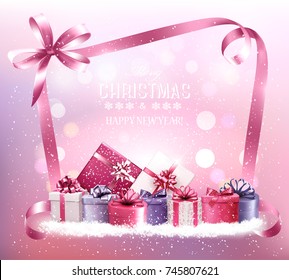 Christmas holiday background with gift boxes and pink ribbon. Vector.