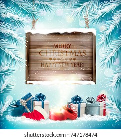 Christmas holiday background with gift boxes and magic box. Vector.