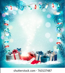 Christmas holiday background with gift boxes and magic box. Vector.