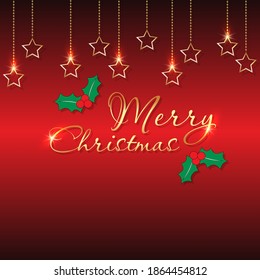 Christmas holiday background. Gold stars on chains with highlights on a beautiful red gradient. Christmas holiday banner.