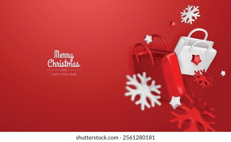 Christmas holiday background. Christmas greeting banner with snowflakes and gift boxes ornaments and 3d decoration elements. For holiday headers, banners, party posters