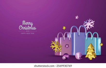 Christmas holiday background. Christmas greeting banner with snowflakes and gift boxes ornaments and 3d decoration elements. For holiday headers, banners, party posters