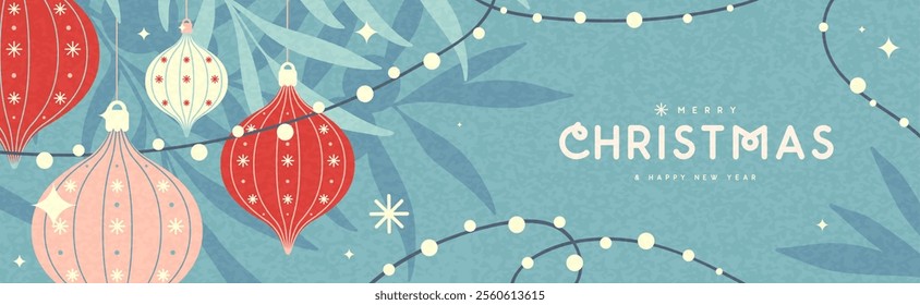 Christmas holiday background, greeting card or banner with Christmas fir tree branches, snowflakes and baubles. Vector illustration