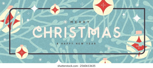 Christmas holiday background, greeting card or banner with Christmas fir tree branches, snowflakes and baubles. Vector illustration