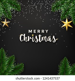 Christmas holiday background and greeting design with realistic branches and gold star decoration