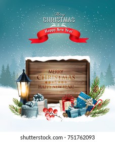 Christmas holiday background with a lantern and a colorful gift boxes. Vector