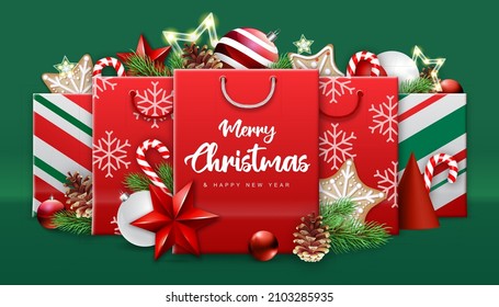 Christmas holiday background with paper bags or gift boxes with presents and christmas decorations. Vector illustration