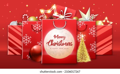 Christmas holiday background with paper bags or gift boxes with presents and christmas decorations. Vector illustration