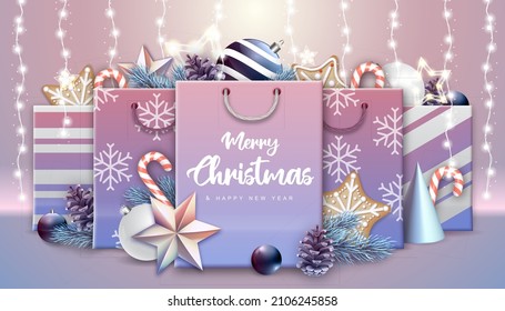 Christmas holiday background with paper bags or gift boxes with presents and christmas decorations. Vector illustration