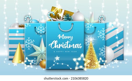 Christmas holiday background with paper bags or gift boxes with presents and christmas decorations. Vector illustration