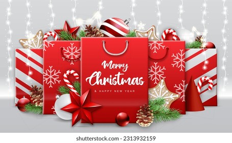 Christmas holiday background with paper bags or gift boxes with presents and christmas decorations. Vector illustration