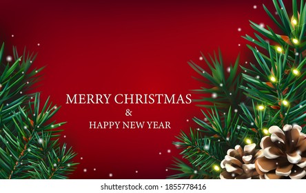 Fondo navideño de ramas de pino, cono de pino, chispas, guirnaldas de resplandor y juguetes navideños. Ilustración con elemento de Navidad para tu afiche, pancarta, tarjetas. Ilustración vectorial.