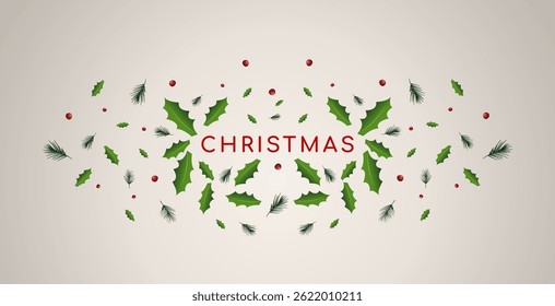 Fundo de Natal. Folhas de pinho de Natal com cereja vermelha. Feliz Natal mão escrita texto. Para cabeçalhos de feriados, banners, cartazes de festa.