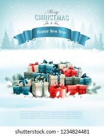 Christmas holiday background with presents and a blue ribbon. Vector.