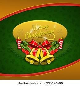 Christmas holiday background. Presents and decorations on bright backdrop. Greeting card template. Eps 10 vector illustration.