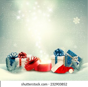 Weihnachtshintergrund mit Geschenken und Zauberschachtel. Vektorgrafik. 