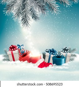 Christmas holiday background with presents and magic box. Vector. 