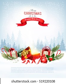 Christmas holiday background with presents and magic box. Vector.