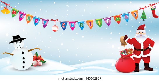 Christmas holiday background with presents. Merry Christmas text on the flags.