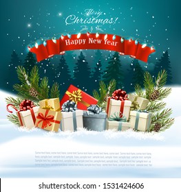 Christmas holiday background with presents on a sleigh and Santa Claus. Vector illustration