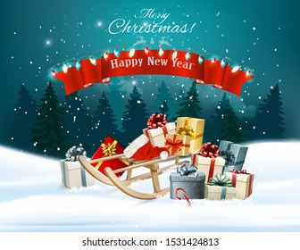 Christmas holiday background with presents on a sleigh and Santa Hat. Vector illustration