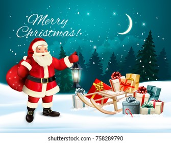 Christmas holiday background with presents on a sleigh and Santa Claus. Vector illustration