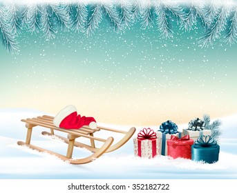 Christmas holiday background with presents and a sleigh. Vector