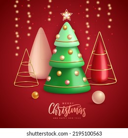 Christmas holiday background with realistic 3D plastic Christmas trees. Merry Christmas and Happy new Year greeting card. Vector illustration