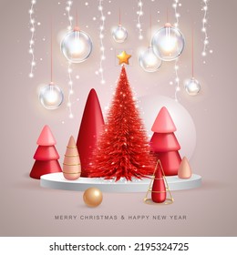 Christmas holiday background with realistic 3D plastic Christmas trees. Merry Christmas and Happy new Year greeting card. Vector illustration