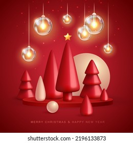 Christmas holiday background with realistic 3D plastic Christmas trees. Merry Christmas and Happy new Year greeting card. Vector illustration
