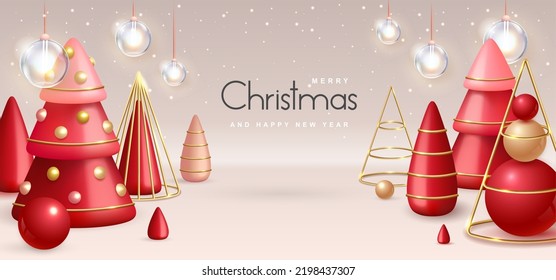 Christmas holiday background with realistic 3D plastic Christmas trees. Merry Christmas and Happy new Year greeting card. Vector illustration