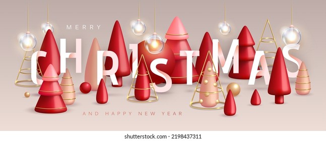 Christmas holiday background with realistic 3D plastic Christmas trees. Merry Christmas and Happy new Year greeting card. Vector illustration