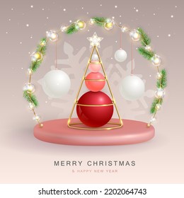Christmas holiday background with realistic 3D plastic Christmas trees. Merry Christmas and Happy new Year greeting card. Vector illustration