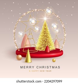 Christmas holiday background with realistic 3D plastic Christmas trees. Merry Christmas and Happy new Year greeting card. Vector illustration