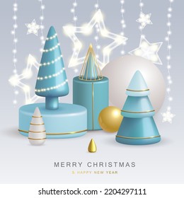 Christmas holiday background with realistic 3D plastic Christmas trees. Merry Christmas and Happy new Year greeting card. Vector illustration