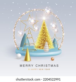 Christmas holiday background with realistic 3D plastic Christmas trees. Merry Christmas and Happy new Year greeting card. Vector illustration