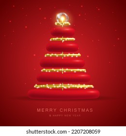 Christmas holiday background with realistic 3D plastic Christmas tree. Merry Christmas and Happy new Year greeting card. Vector illustration