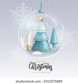 Christmas holiday background with realistic 3D plastic Christmas trees. Merry Christmas and Happy new Year greeting card. Vector illustration