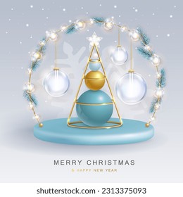 Christmas holiday background with realistic 3D plastic Christmas trees. Merry Christmas and Happy new Year greeting card. Vector illustration