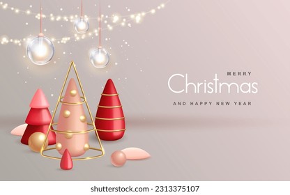 Christmas holiday background with realistic 3D plastic Christmas trees. Merry Christmas and Happy new Year greeting card. Vector illustration