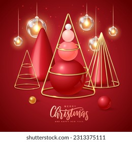 Christmas holiday background with realistic 3D plastic Christmas trees. Merry Christmas and Happy new Year greeting card. Vector illustration