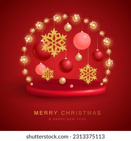 Christmas holiday background with realistic 3D plastic decorations. Merry Christmas and Happy new Year greeting card. Vector illustration