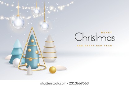 Christmas holiday background with realistic 3D plastic Christmas trees. Merry Christmas and Happy new Year greeting card. Vector illustration