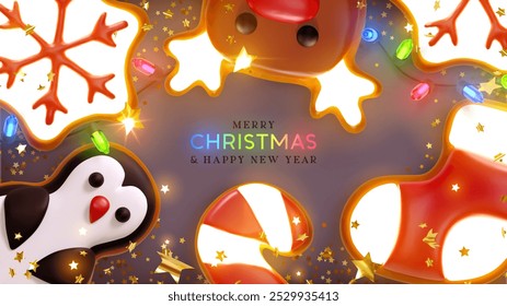 Christmas holiday background. Realistic 3d in neon light gingerbread cookies. Xmas border with sweet cute cookies with bright colorful decorative garlands. Vector illustration