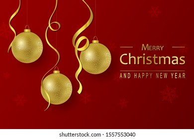 Christmas holiday background with realistic golden glitter balls and greeting text Marry Christmas and Happy New Year. Vector illustration.